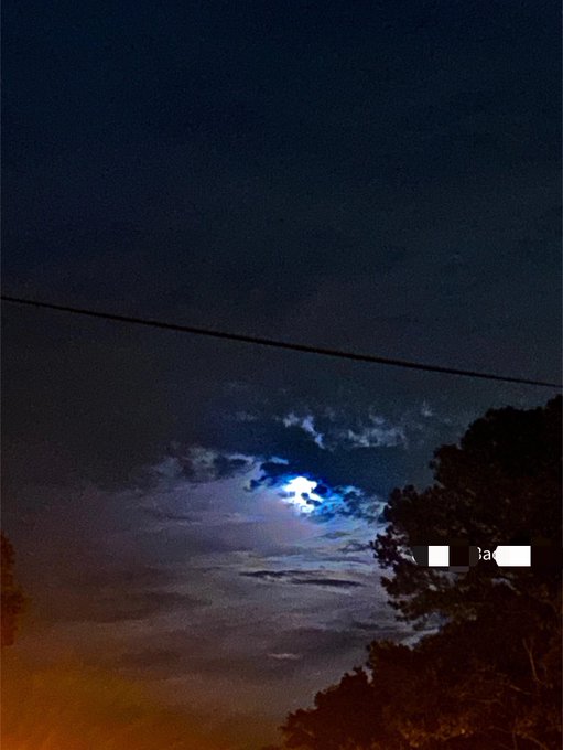 The image shows a beautiful night sky with a bright blue moon shining through the clouds, casting a soft glow over the scene below. The moon appears to be partially obscured by the clouds, creating an ethereal atmosphere. In the foreground of the photo, there is a tree that adds depth and dimension to the composition. The image also contains text elements such as "It's night, CT builders & explorers. If you showed up today, you're the real MVP I believe by now everyone knows what $Tria is cooking on Mindo".