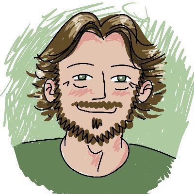 A hand-drawn digital illustration depicts a bearded man with messy brown hair, green eyes, and a green shirt, rendered in a sketchy, cartoonish style with a green scribbled background.
