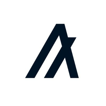 A minimalist logo consisting of a stylized dark blue letter 'A' formed by geometric shapes on a white background.