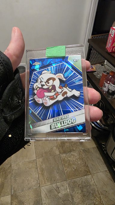 A hand holds up a custom 'Bad-Ass Bulldog' Pokémon-style trading card, encased in a protective sleeve, with a tiled kitchen floor visible in the background.