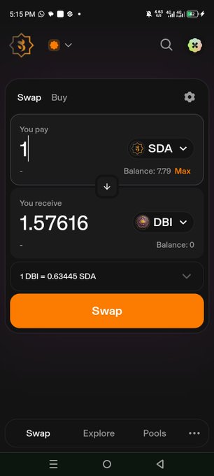 A cryptocurrency swap interface on a mobile app, showing a trade to swap 1 SDA for 1.57616 DBI, with a balance of 7.79 SDA.