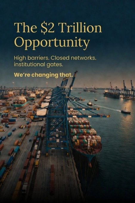 A promotional graphic showing an aerial view of a shipping port with containers and a cargo ship, overlaid with the text 'The $2 Trillion Opportunity', 'High barriers. Closed networks. institutional gates.', and 'We're changing that.'