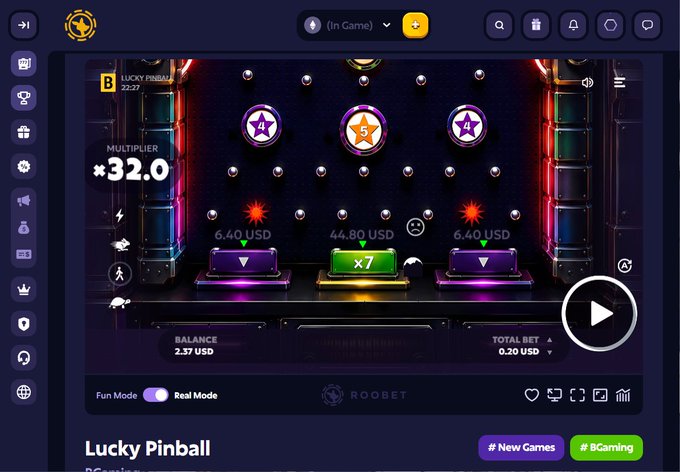 The image shows Roobet's "Lucky Pinball" game interface with a 32.0 multiplier displayed and pinball balls bouncing around bumpers showing values like 6.40 USD, 44.80 USD (×7), and 6.40 USD. It relates to the post by showcasing the game's colorful, visually engaging layout—the bouncing pinballs and shifting multipliers that the author found so captivating they couldn't look away.