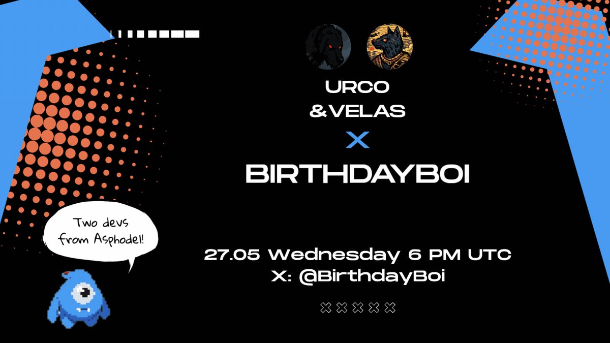The image features a poster for an event, which appears to be a birthday party or a gaming event featuring two developers from @asph0d37. The poster has a black background with orange and blue polka dots, and the text is written in white against this backdrop. The poster also includes a small cartoon character that reads "Two days from here! I will be talking about: → How Prologue was built → Current meta insights → Building FOCG on Ethereum mainnet".