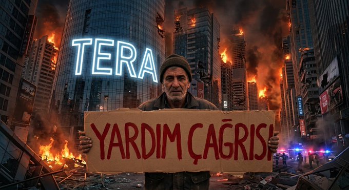 An older man stands amid a burning, destroyed cityscape holding a cardboard sign reading "YARDIM ÇAĞRISI" (Call for Help), with a glowing "TERA" logo on a nearby building—dramatically illustrating the creator's plea for fans to post #teraportföy questions publicly rather than via DM.
