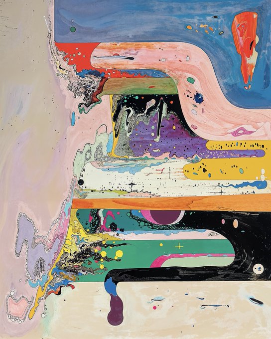The image features a painting with an abstract design that includes various colors such as pink, blue, green, yellow, and purple. The artwork has a chaotic appearance due to its messy brushstrokes and splatters of paint. The artist's use of color and texture creates a sense of movement and energy in the piece.