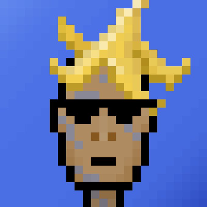 A low-resolution pixel art depiction of a person with spiky blonde hair against a solid blue background.