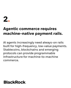 An infographic slide from BlackRock stating '2. Agentic commerce requires machine-native payment rails,' explaining that AI agents need always-on infrastructure for high-frequency, low-value payments using stablecoins, blockchains, and emerging protocols.