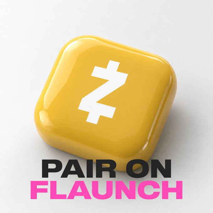 A glossy yellow 3D button featuring a Z-shaped symbol sits above the text "PAIR ON FLAUNCH" in black and pink lettering, visually representing the ability to launch a token paired with Zcash (ZEC) on the Flaunch platform on Base.