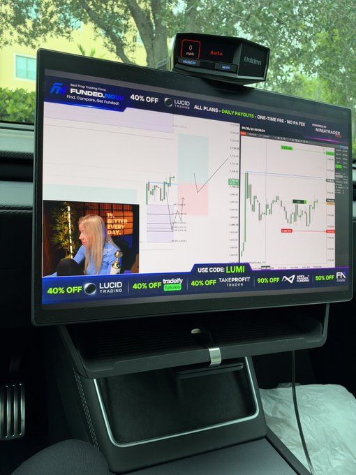 A portable monitor mounted in a vehicle displays a FundedNext Blue Prop Trading live stream featuring a trader analyzing ES/SPX charts, with a 40% off promotion banner and a quote reading "It's a beautiful day to make money!"—tying into the post's reference to winning a trade on $ES using an SPX model.