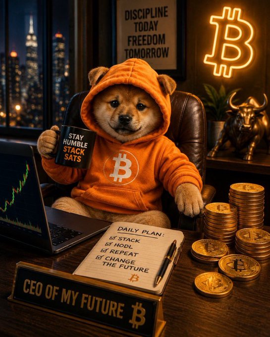 The image features a dog wearing an orange hoodie, sitting at a desk with a laptop computer open in front of him. The desk also has stacks of gold coins placed nearby. In the background, there are neon signs that say "STAY HARD HUMBLE SATELLITES", which is related to Bitcoin and cryptocurrency. The image includes text that says "CEO OF MY FUTURE" and "You can literally $DOG Cost average your way into becoming a MILLIONAIRE."