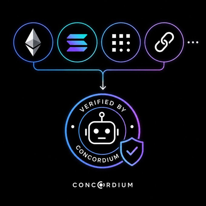 A diagram showing four cryptocurrency/network icons (Ethereum, Solana, a grid icon, and a link icon) connecting to a "Verified by Concordium" badge featuring a robot logo.