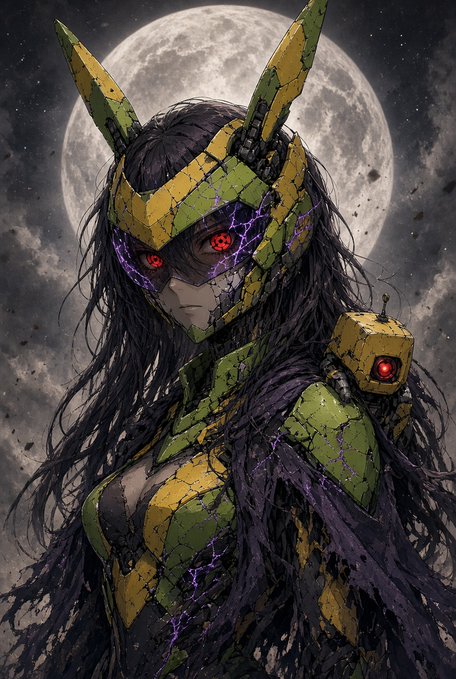 An anime-style illustration of a female mecha character with green and yellow armor, glowing red eyes, set against a large full moon.