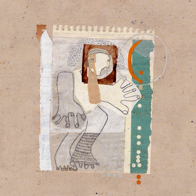 A fragmented collage-style artwork depicting an abstract figure with elongated limbs, dotted patterns, and a teal vertical strip, combining the collaborative drawings of siblings Mazdak (who has Down syndrome) and his brother using discarded paper. The piece is offered as a unique 1/1 NFT on objkt.com for 277 ꜩ, as part of their "Fragments of Mari" series.