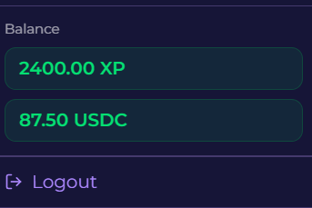 A dark interface displaying account balances of 2400.00 XP and 87.50 USDC, with a Logout button below.