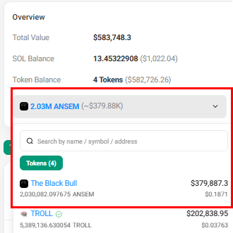 A screenshot of a portfolio overview displaying a total value of $583,748.3, with the focus on a holding of 2.03M ANSEM tokens valued at ~$379.88K, corroborating the post about a Wintermute-funded wallet accumulating 1.427M ANSEM worth $287.86K.