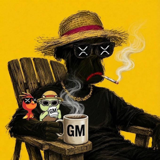 A cool gorilla in sunglasses and a straw hat sits in a wooden chair smoking a cigarette, holding a coffee mug labeled "GM" with two small cartoon characters also displaying "GM" against a bright yellow background, perfectly matching the "GM to the GMs! Happy Friday!" vibe.