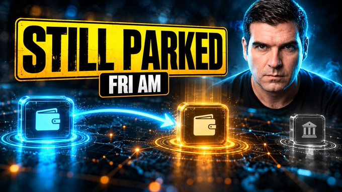 A YouTube thumbnail or graphic titled "STILL PARKED FRI AM" featuring a man's face alongside wallet and bank icons with digital effects.