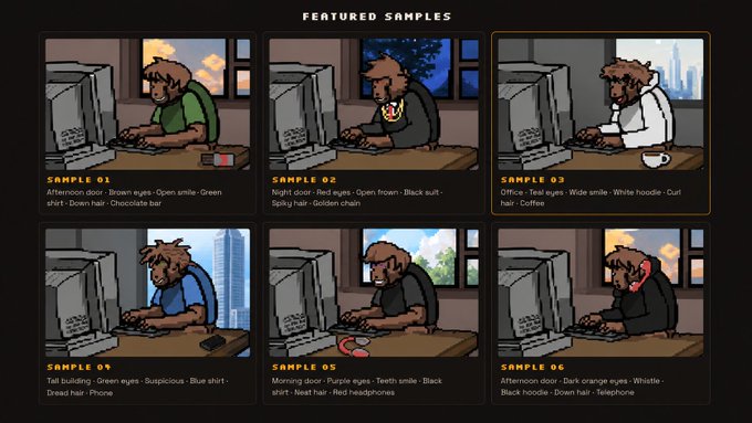 Grid of six featured NFT samples labeled SAMPLE 01 through SAMPLE 06, each depicting a cartoon character at a computer with varying attributes like times of day, clothing, and hair styles.