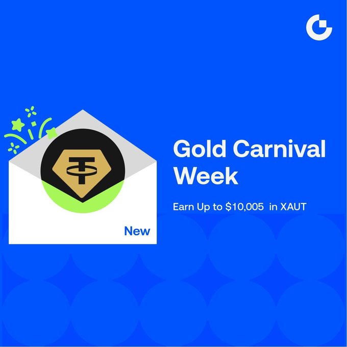 A promotional graphic with a blue background features an envelope containing a gold coin branded with the Tether "T" logo, celebrating the "Gold Carnival Week" where participants can "Earn Up to $10,005 in XAUT." The image visually reinforces the post's message about XAUT gold-themed rewards and double prize opportunities.
