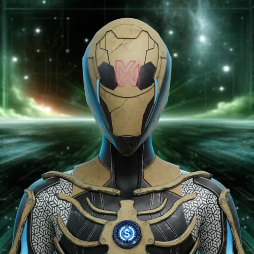 A digital artwork of a futuristic humanoid figure in gold and black armor with a red 'M' symbol on its visor, set against a starry, cosmic background.