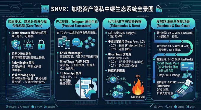 The image is an infographic titled "SNVR: 加密资产隐私中继生态系统全景图" (SNVR: Encrypted Asset Privacy Relay Ecosystem Overview), detailing the project's Core Tech (Secret Network, Relay Engine, Viewing Keys), Product Ecosystem (SNVR Messenger, GhostSwap AMM DEX, TG Mini App on Telegram), Tokenomics (10 billion $SNVR max supply with 10% relay/0.5% protection/0.5% ops burn, 0.3% GhostSwap swap fee, 0.2% LP liquidity fee, 0.1% ops fee), and Roadmap across three phases from 2026 through Q3 2027. It visually supports the post's no-hype analysis of SNVR's on-chain logic, token model, and practical viability.