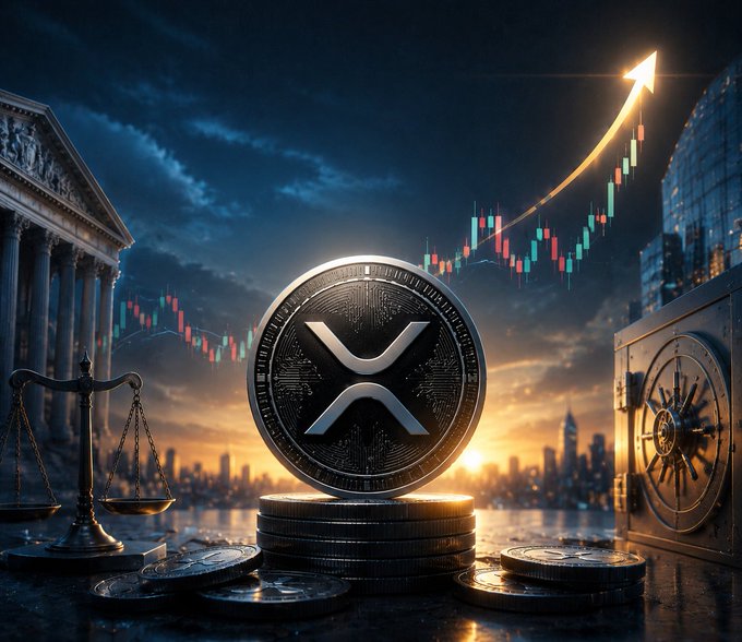 Digital artwork featuring a large XRP (Ripple) cryptocurrency coin in the center, surrounded by financial symbols, a rising stock chart, a cityscape, and a bank vault at sunset.