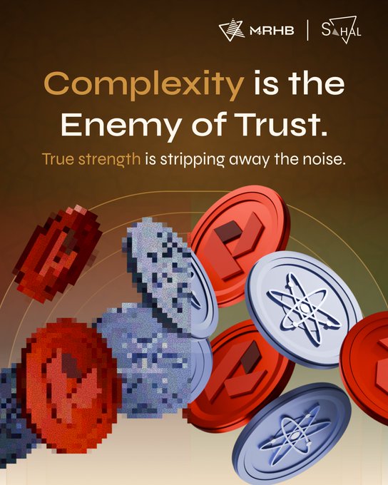 A promotional graphic for MRHB and SAHAL reading "Complexity is the Enemy of Trust. True strength is stripping away the noise," featuring falling red and silver cryptocurrency tokens including what appears to be Bitcoin and Solana coins.