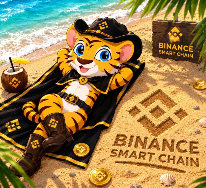 An AI-generated illustration shows a tiger cub wearing a pirate hat and cape lounging on a beach, with 'BINANCE SMART CHAIN' written in the sand and on a wooden sign, alongside gold coins bearing the BNB logo.