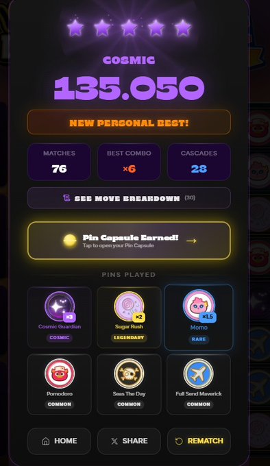 Game results screen showing a COSMIC rank with 5 stars, score of 135,050, marked as a 'NEW PERSONAL BEST!', with 76 matches, x6 best combo, 28 cascades, and a 'Pin Capsule Earned!' reward. Pins played include Cosmic Guardian, Sugar Rush, Momo, Pomodoro, Seas The Day, and Full Send Maverick.