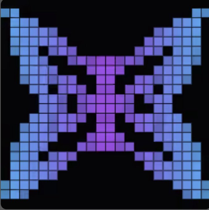 A pixel-art design on a black background featuring a central purple 'T'-like shape surrounded by symmetric light blue and purple blocky patterns resembling an abstract mask or shield.