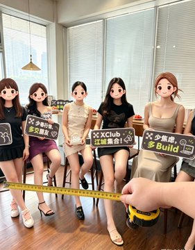 Five women in dresses and aprons hold signs (with Chinese text like '少女前线' and 'XClub') while a hand measures one of them with a yellow tape measure.