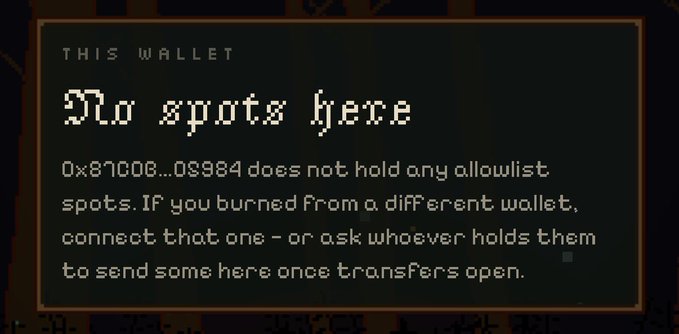 A dark screen displays the message 'No spots here' under the header 'THIS WALLET', indicating that the wallet address 0x87C08...05984 does not hold any allowlist spots for a project, and advising the user to connect a different wallet if needed.