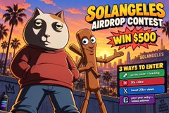 A colorful promotional graphic for the "Solangeles Airdrop Contest" advertises a chance to win $500, with "3 Ways to Enter" through a tweet/retweet, posting the link, and tagging friends. The cartoon features anthropomorphic dog and cat characters alongside Solana logos, tying into the post's praise of SolangelesTV as an innovative memecoin cartoon expanding into open-world games and new series.