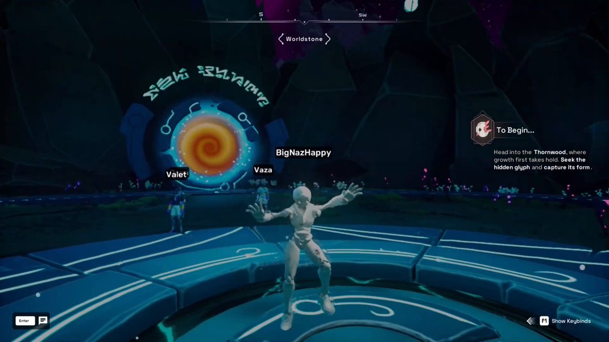 A character named BigNazHappy stands in the "Worldstone" area of OthersideMeta, with an on-screen prompt reading "To Begin... Head into the Thornwood, where growth first takes hold. Seek the hidden glyph and capture its form," representing the player's first day of the Arsham Voyager unlock quest described in the caption.