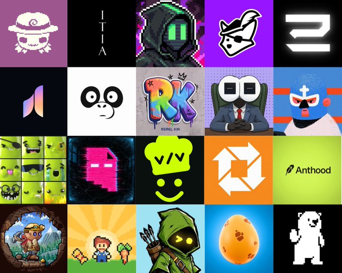 A 4×5 collage of stylized gaming/NFT project logos and avatars, including tiles labeled “ITIA,” “RY,” “Anthood,” and a pixelated “3,” alongside other mascot and abstract emblems. It illustrates the accompanying Giga Legends mint post, which highlights how owning four listed WLs is needed to qualify for the free mint.