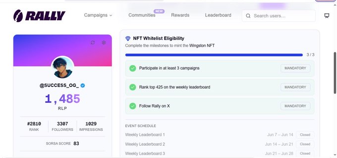 Screenshot of a Rally user profile (@SUCCESS_OG_) showing 1,485 RLP earned, rank #2819, and full completion of the 3/3 NFT Whitelist Eligibility milestones (3 campaigns, Top 425 leaderboard, following Rally on X), with event schedules for Weekly Leaderboards 1-3 displayed on the right—visually confirming the author's claim of qualifying for the NFT whitelist.