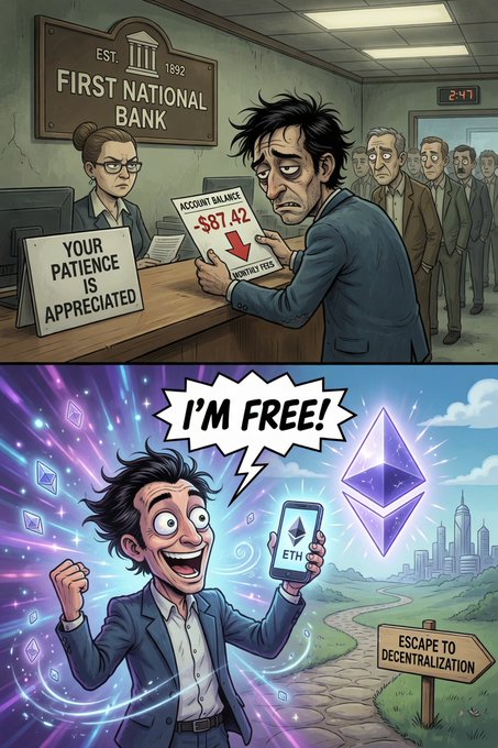 A two-panel cartoon showing a man at 'First National Bank' with an account balance of -$87.42 (top) declaring 'I'm Free!' with an Ethereum phone as he escapes toward decentralization (bottom).