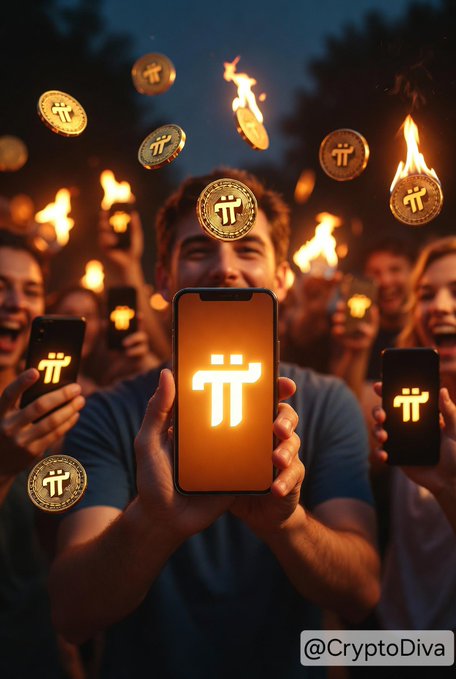 A digital artwork showing a crowd holding smartphones displaying the Pi cryptocurrency logo, with coins floating in the air, watermarked '@CryptoDiva'.