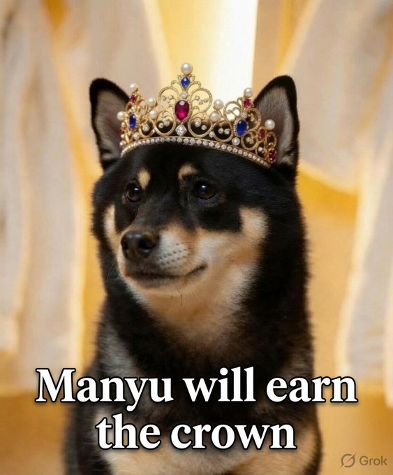 A Shiba Inu dog wearing an ornate jeweled crown with the text 'Manyu will earn the crown' overlaid at the bottom, created with Grok.