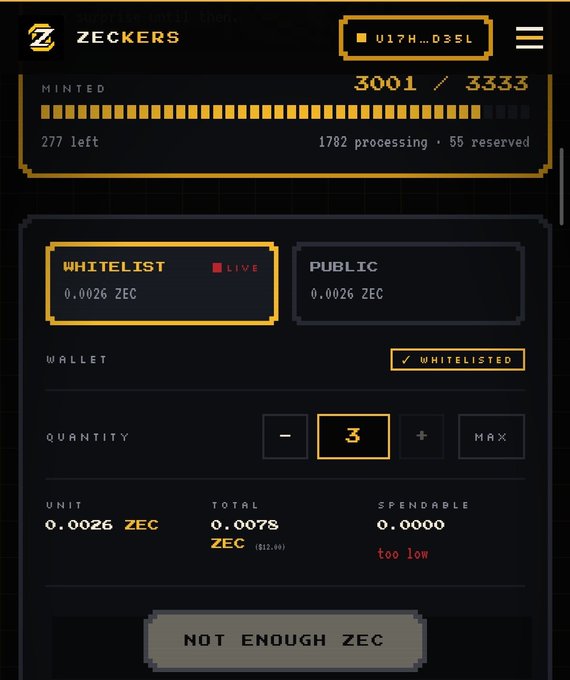 A dark-themed NFT minting interface for a collection called 'ZECKERS' showing '3001 / 3333' minted, with a quantity of '3' selected and a 'NOT ENOUGH ZEC' button at the bottom.
