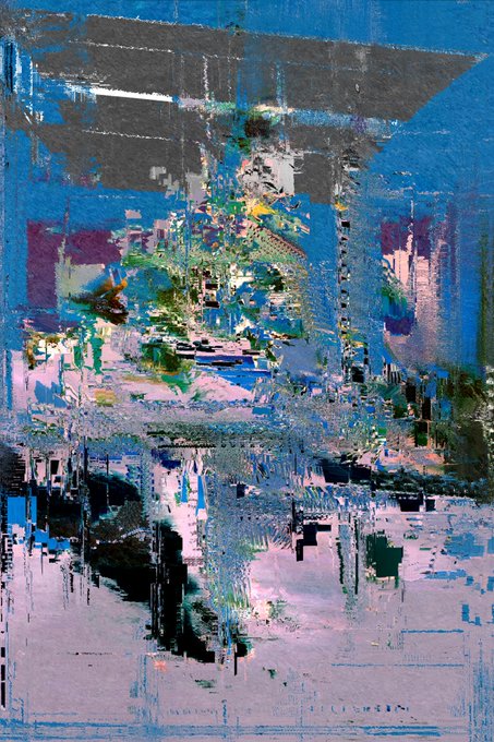 An abstract painting featuring layered, textured brushstrokes in shades of blue, pink, green, and gray with dark vertical streaks.