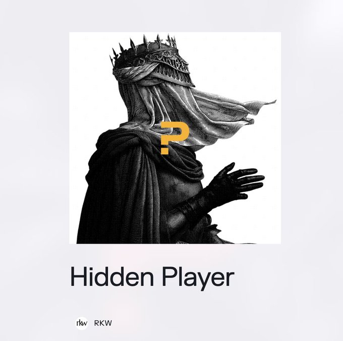 A promotional graphic features a black and white image of a crowned, veiled figure reaching out, with a gold 'R' logo and the text 'Hidden Player' by rkw.
