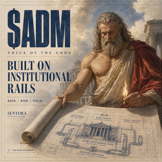 Promotional graphic titled '$ADM VOICE OF THE GODS - BUILT ON INSTITUTIONAL RAILS' featuring a classical painting-style illustration of a muscular bearded man unrolling an architectural blueprint labeled with 'DATA PIPES', 'RISK ENGINE', 'YIELD VAULTS', and 'SENTORA INFRASTRUCTURE'.
