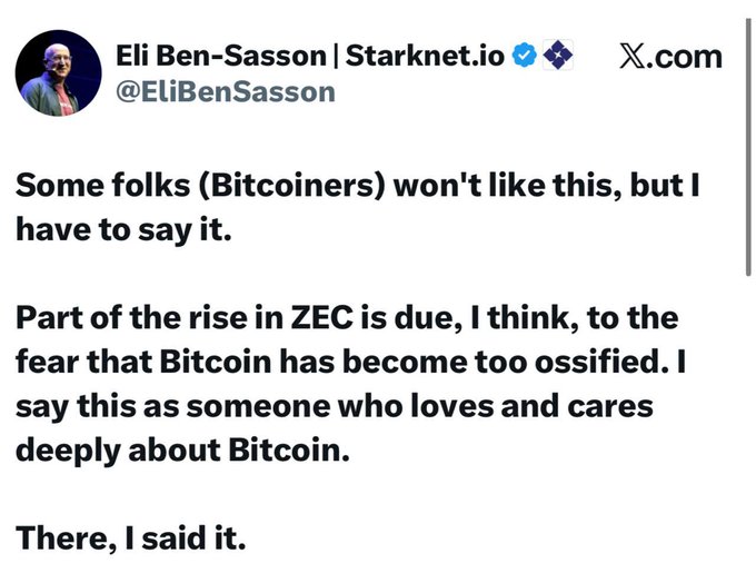 A tweet from Eli Ben-Sasson (@EliBenSasson), CEO of StarkWare/Starknet.io, stating that ZEC's price rise is partly driven by fears that Bitcoin has become "too ossified," expressing the view as a self-described Bitcoin supporter.