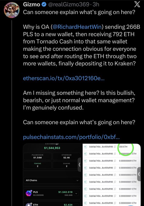 A tweet from Gizmo (@realGizmo369) asking about Richard Heart/0xOxa3012160e sending 266B PLS, receiving 792 ETH from Tornado Cash, then routing to Kraken.