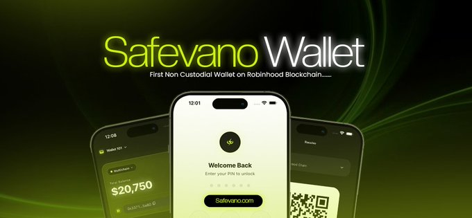The image is a promotional graphic for "Safevano Wallet," advertised as the "First Non Custodial Wallet on Robinhood Blockchain," featuring three smartphone mockups displaying the app's interface—including a welcome screen prompting PIN entry, a wallet balance of $20,750, and a QR code—set against a dark green background. The graphic visually reinforces the post's message of consistent, focused development toward a simple, fast, and secure self-custody experience.