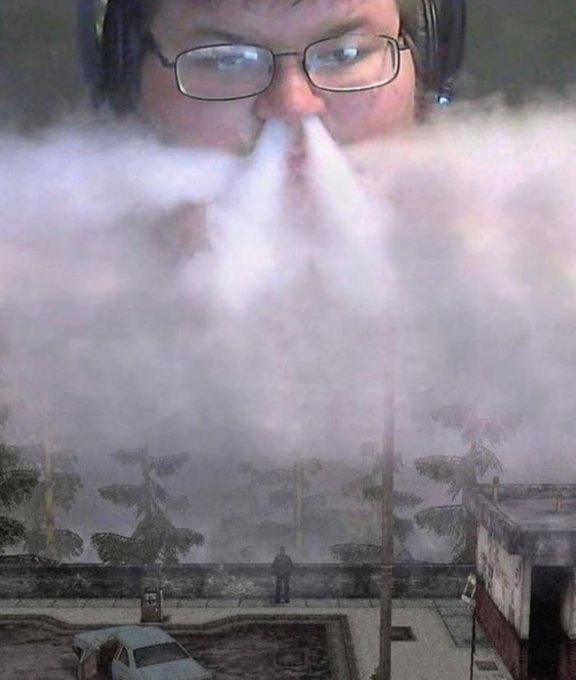 A humorous composite image places the face of a man wearing glasses above a massive plume of vapor, with a small video game character standing in a foggy, tropical village below.
