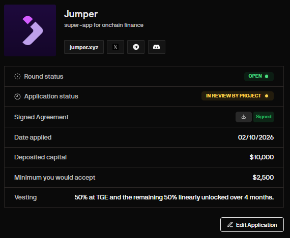 An application status page for 'Jumper' (super-app for onchain finance), showing Round Status as Open, Application Status 'In Review by Project', with deposited capital of $10,000, minimum of $2,500, and 50% vesting at TGE over 4 months.