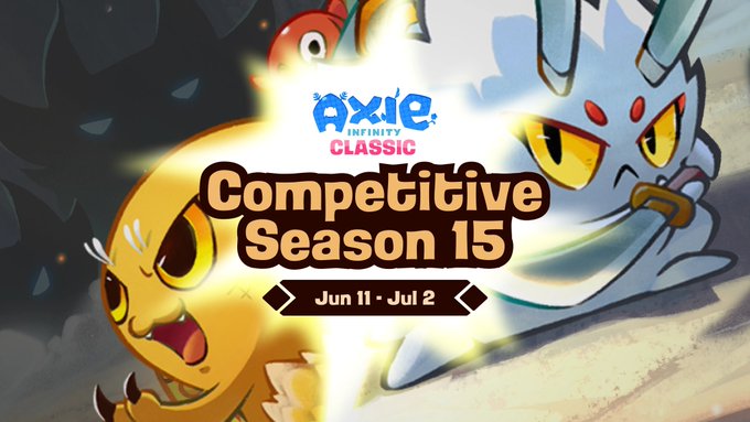 The image features a poster advertising an upcoming video game competition called "Axie Classic Competitive Season 15". The poster displays two cartoon characters, one yellow and one white, sitting next to each other with their eyes wide open as if they are watching something or someone. The text on the poster announces that the competition is live and has already started, with 36K bAXS up for grabs. It also mentions that the game is part of the Axie Classic Competitive Circuit series.